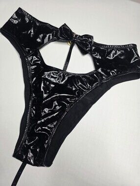 NEW Victoria's Secret Faux Leather Black Panties Bow And Bell XL